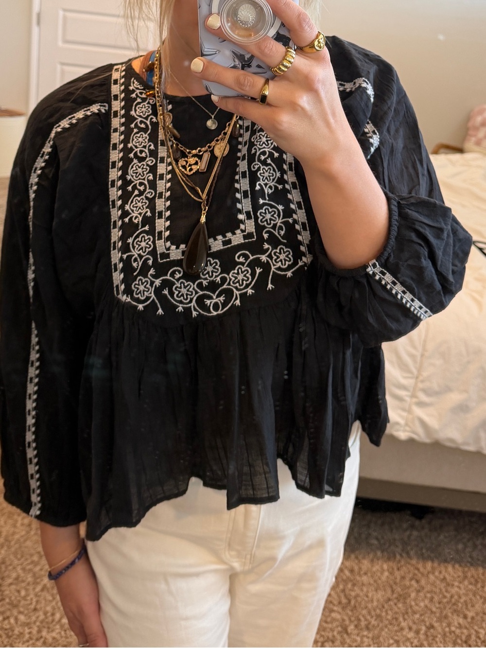 H&M Black Embroidered Boho Peasant Blouse